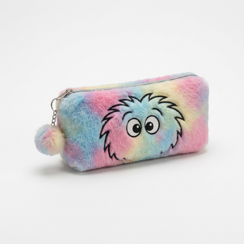 Bugatti Bondstreet Furry Face Pencil Case with rainbow tie-dye faux fur and embroidered character.