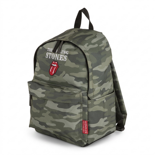 Pure studio hero shot of the green camouflage Rolling Stones backpack with a front logo on a white background.