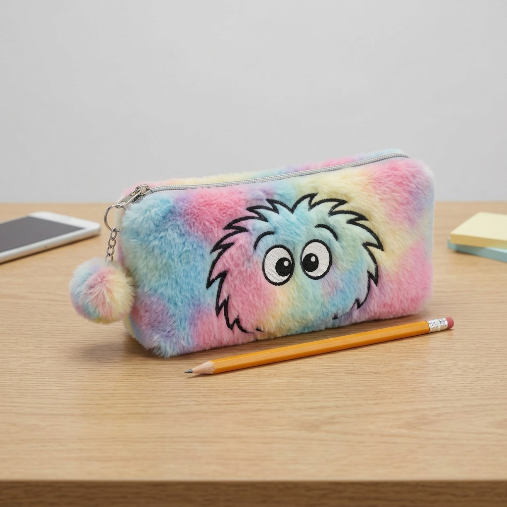 Bugatti Bondstreet furry monster pencil case on a desk next to a standard pencil for scale.