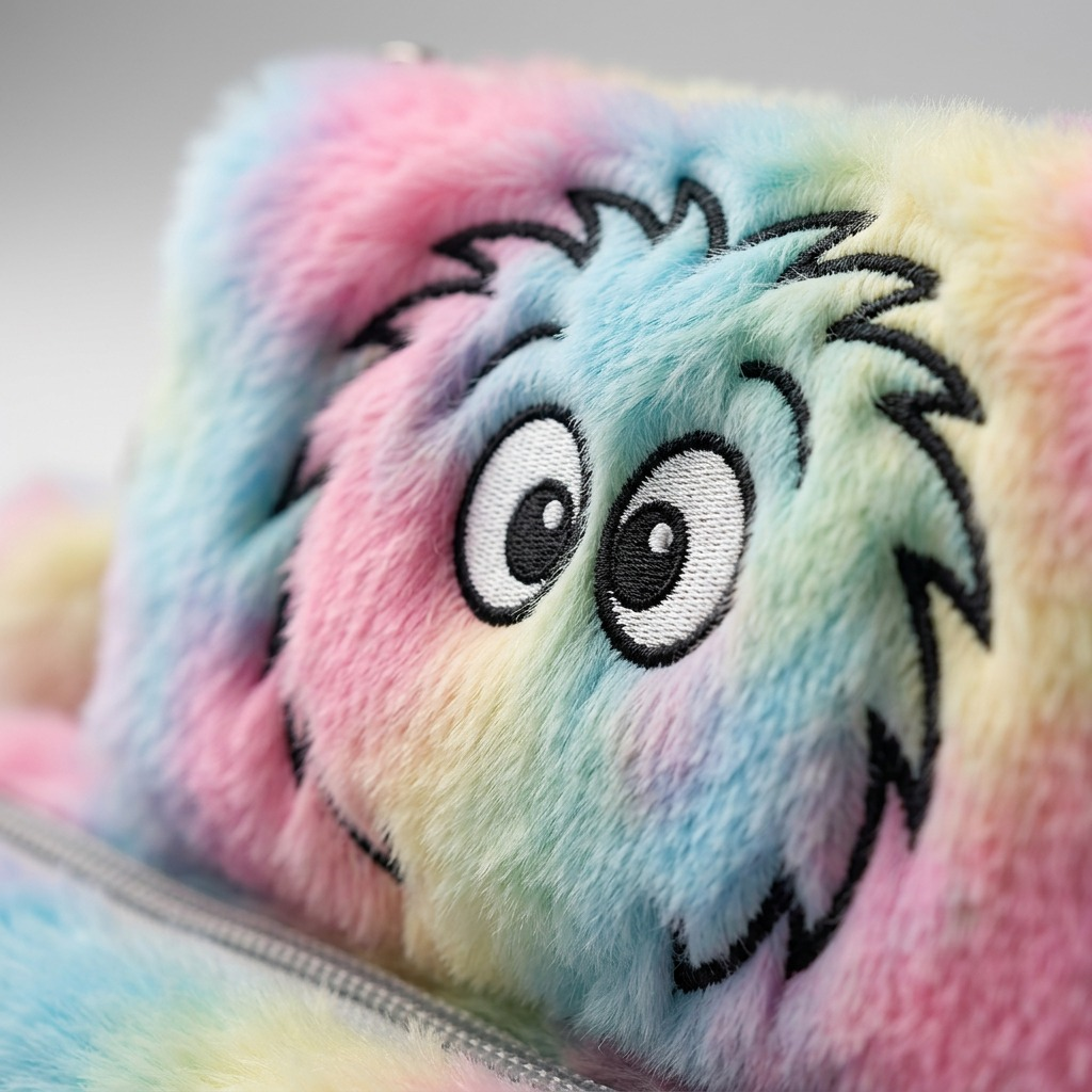 Macro detail of the Bugatti Furry Face Pencil Case showing rainbow faux fur and embroidered eyes.