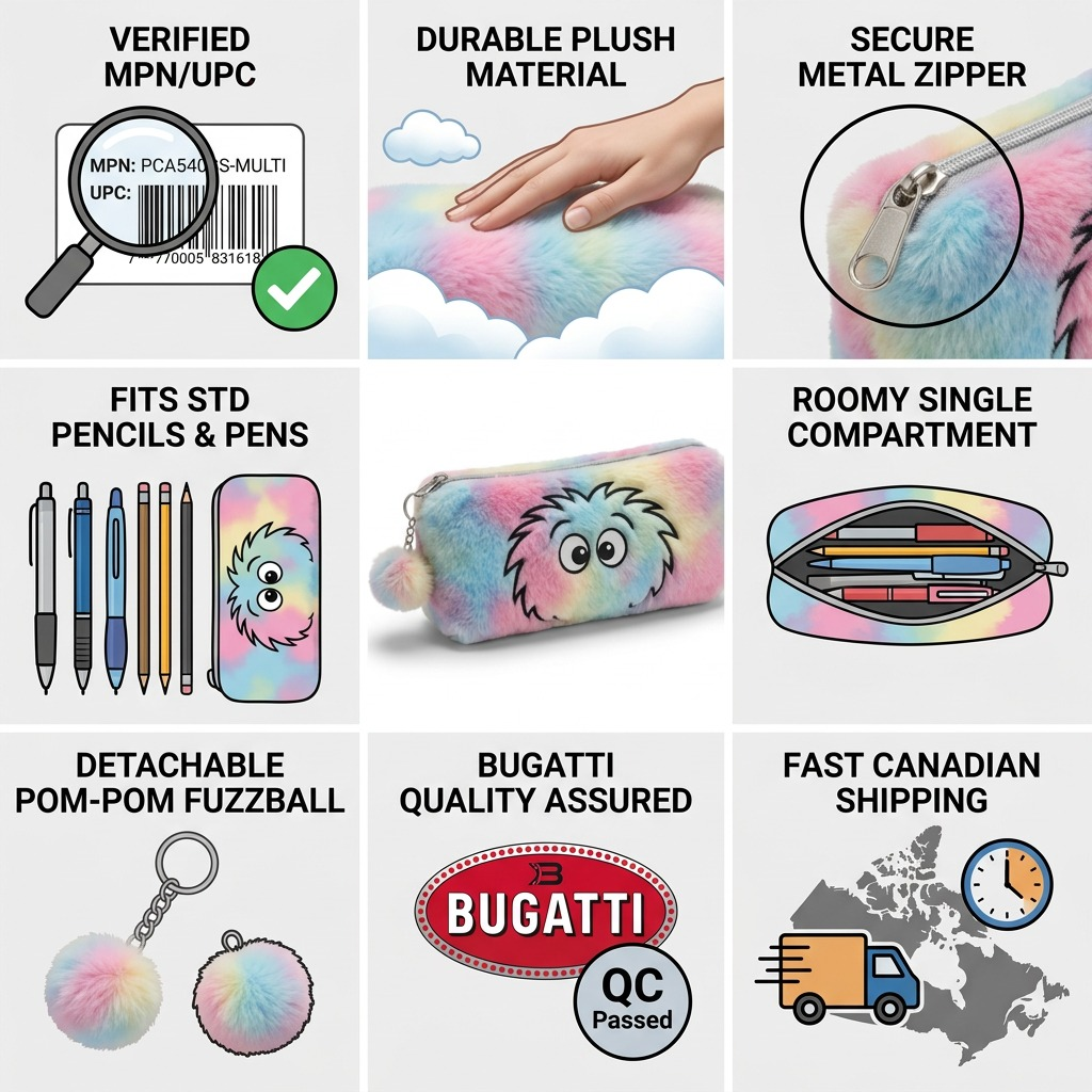 Infographic showing features of the Bugatti Furry Face pencil case including plush material and metal zipper.