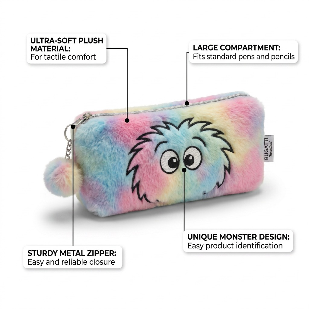 Bugatti Bondstreet Furry Face Pencil Case infographic highlighting soft material and metal zipper.