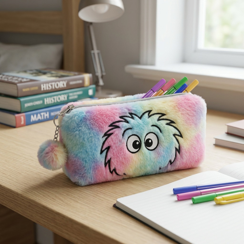 Bugatti Bondstreet Furry Face Pencil Case on a desk with colorful pens, notebook, and school books.