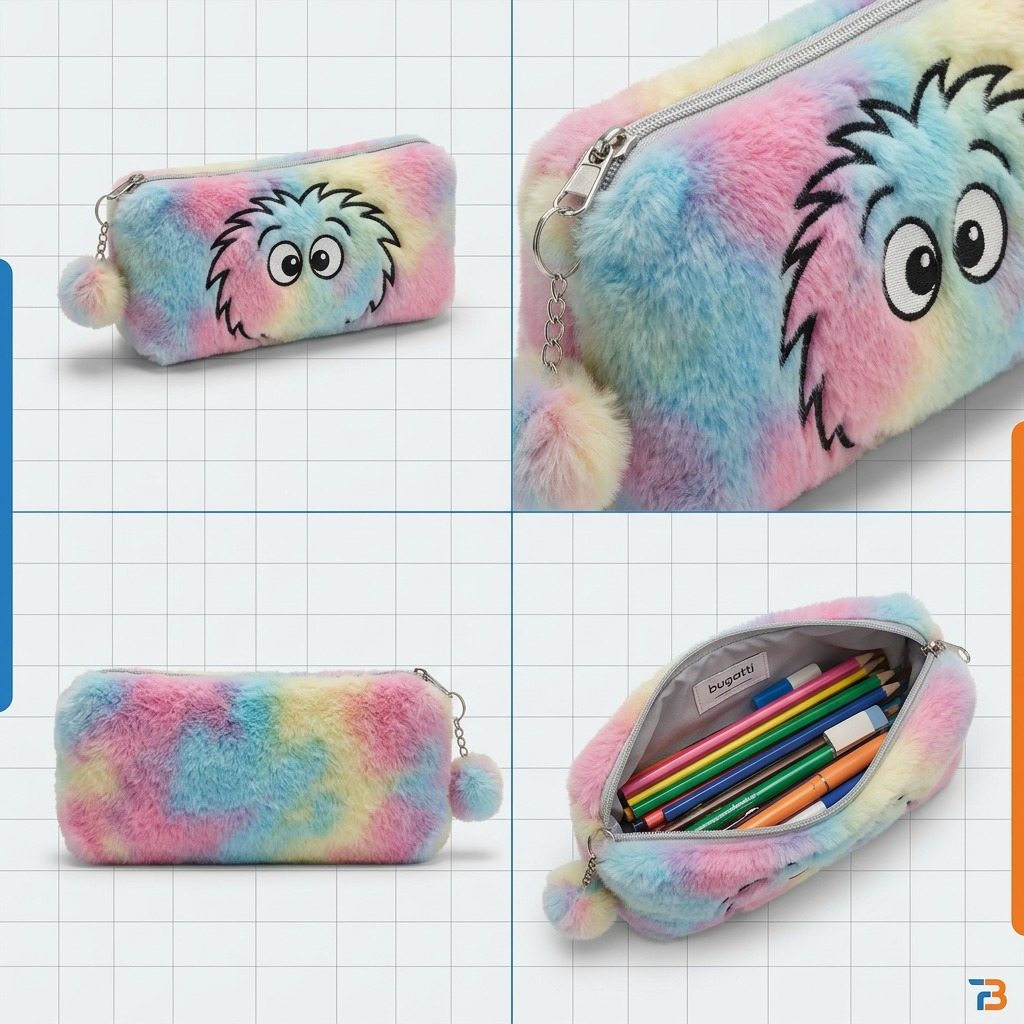 Multiple views of the Bugatti Bondstreet Furry Face Pencil Case in tie-dye pastel faux fur.