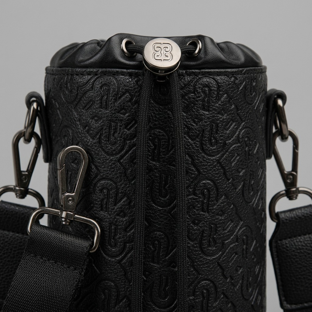 A detailed macro shot with realistic depth of field highlighting the embossed monogram PU black texture of the Bugatti Rick Ross Champagne Bag, focusing on the drawstring hardware and shoulder strap attachment points.