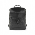 A high-resolution, centered view of the black leather The Rolling Stones Paint It Black backpack with embossed monogram on a pure white background. The front flap, buckle, handle, and leather band with the band's signature are clearly visible.