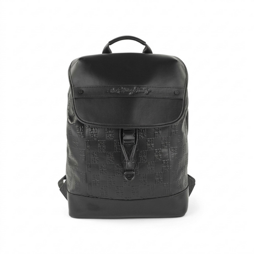 A high-resolution, centered view of the black leather The Rolling Stones Paint It Black backpack with embossed monogram on a pure white background. The front flap, buckle, handle, and leather band with the band's signature are clearly visible.