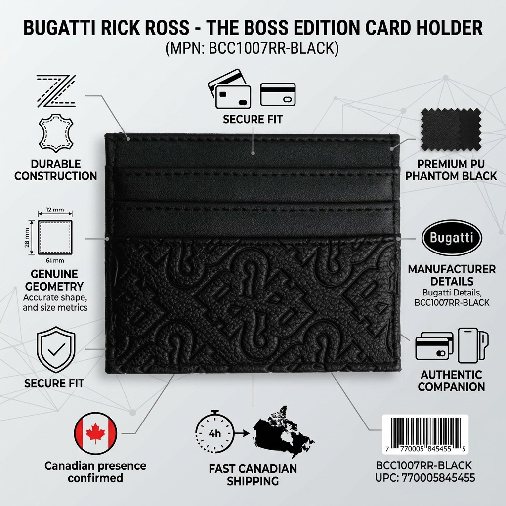 Trust infographic with Bugatti Rick Ross Card Holder, factual icons, and shipping cues.