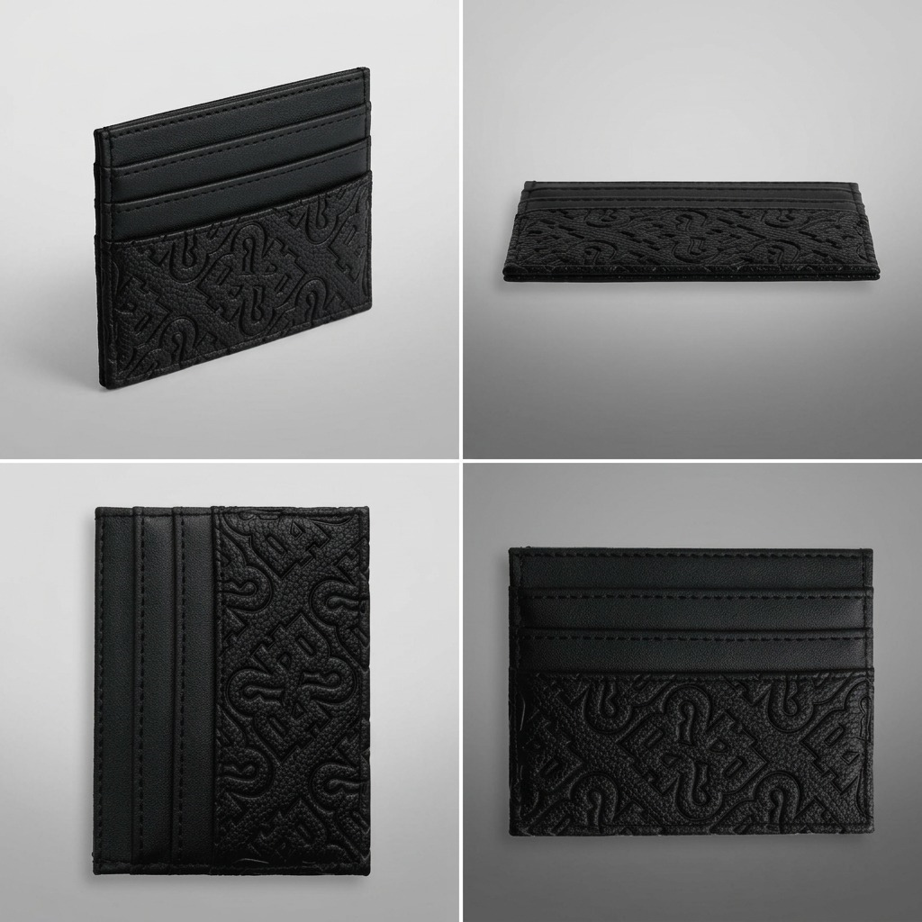 A 2x2 grid visualizing multiple angles of the black Bugatti Rick Ross card holder from image_0.png.