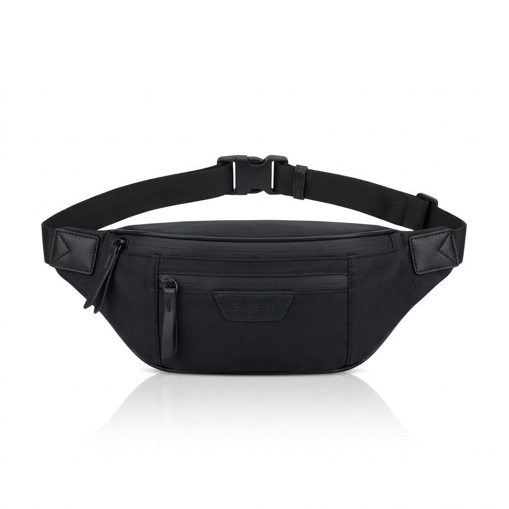 Bugatti Madison black money belt with slim profile, zippered pockets, and adjustable waist strap.