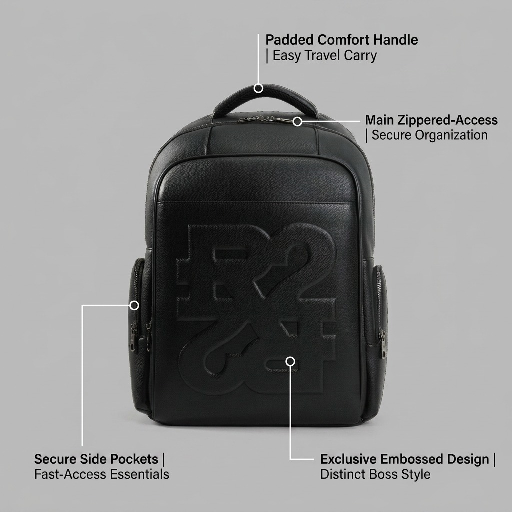 A feature infographic of the Bugatti Rick Ross backpack in black, with labels highlighting side pockets, handle, main access, and embossed logo.