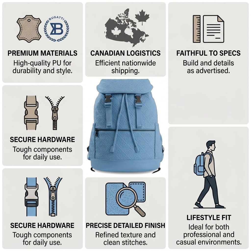 A clean ecommerce infographic featuring the Bugatti PU Drift Blue backpack. Clear icons and short text highlights its quality construction, detailed finish, specific features, and quick shipping from Canada, emphasizing product reliability and seller trust.