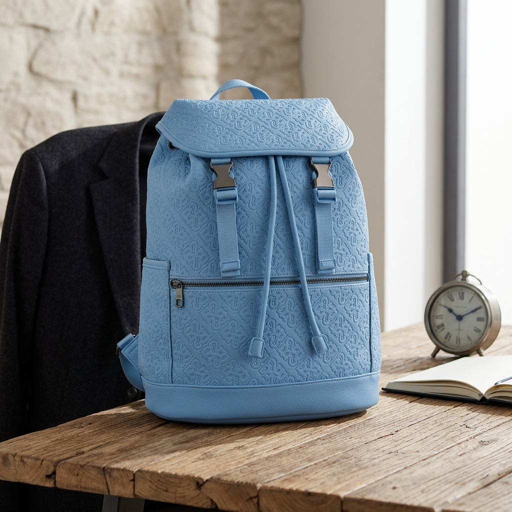 A low-angle lifestyle photo shows the blue Bugatti Rick Ross backpack on aged wood grain. A stone background, warm light. All features are precise.
