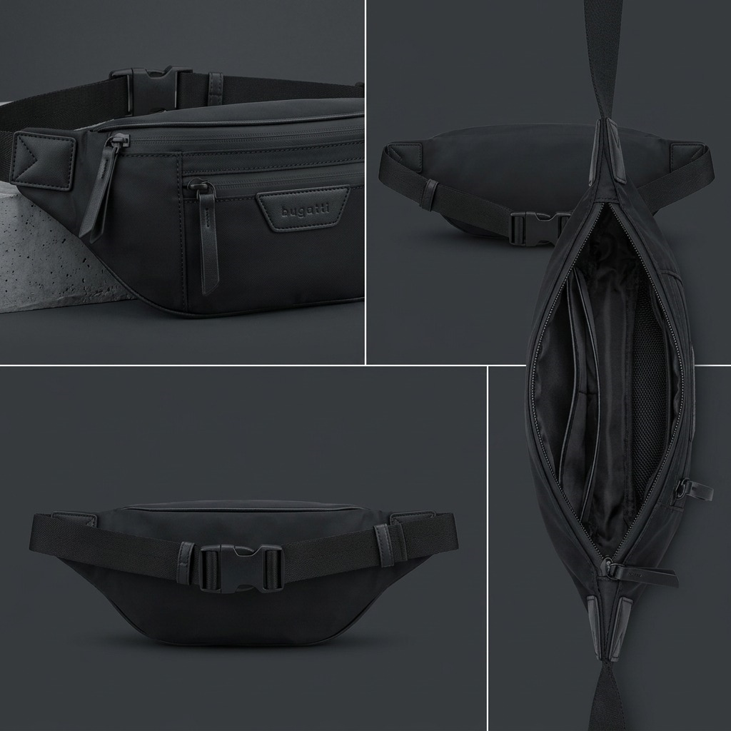 Multiple angles of the black Bugatti Madison Money Belt showing front, back, and open interior compartments.