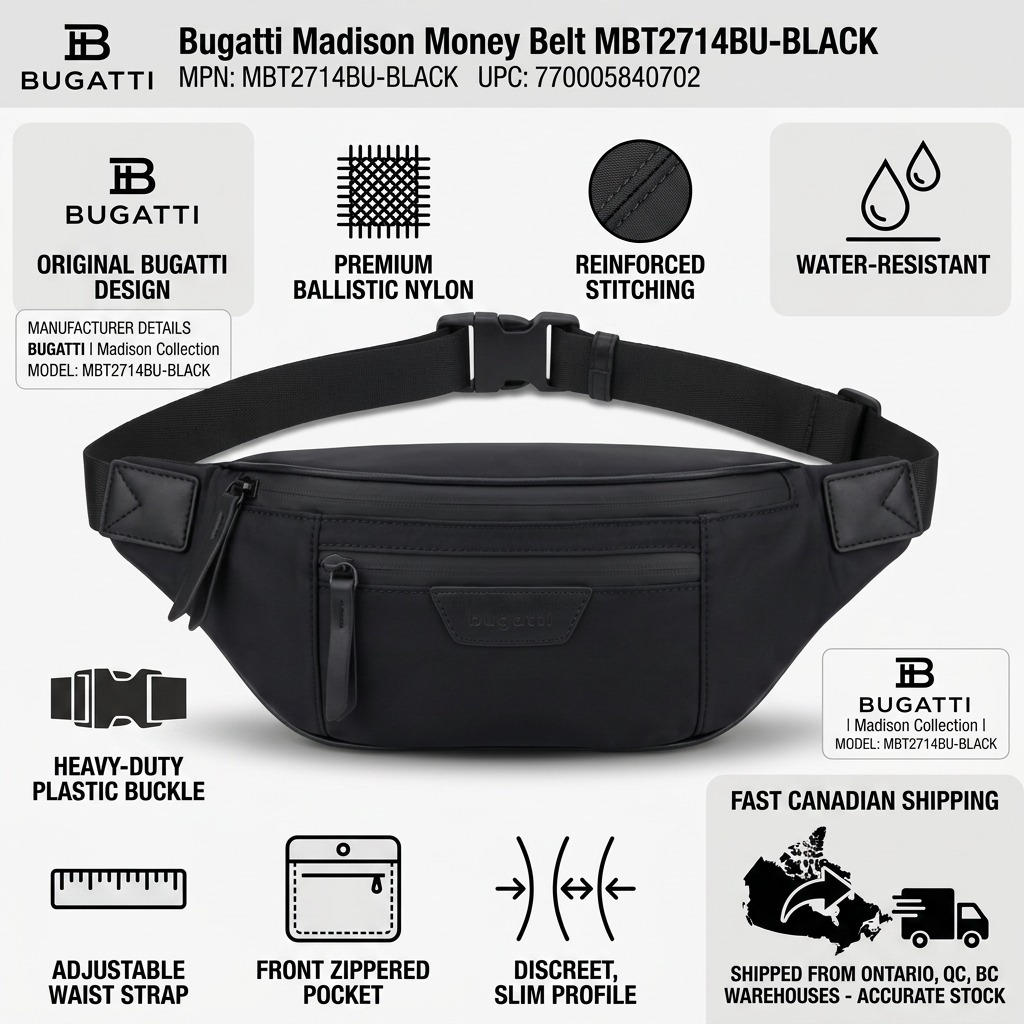 Bugatti Madison black money belt infographic highlighting ballistic nylon, RFID security, and slim profile.