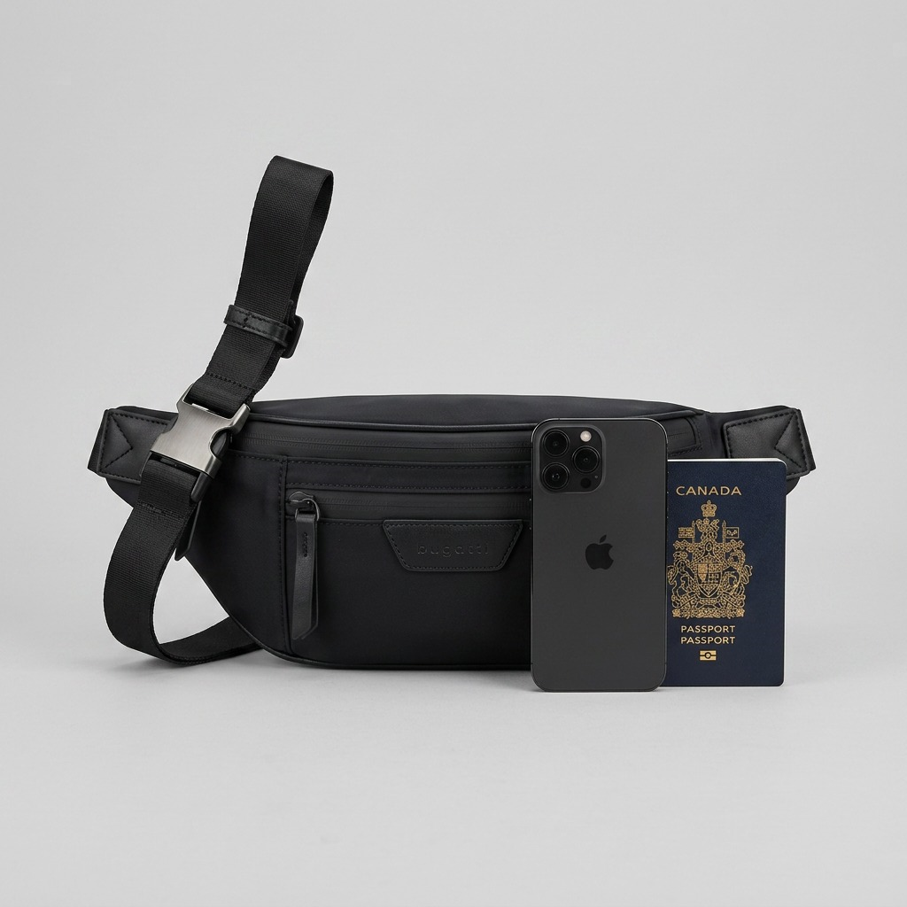 Bugatti Madison money belt in black, shown for scale beside a smartphone and a Canadian passport.