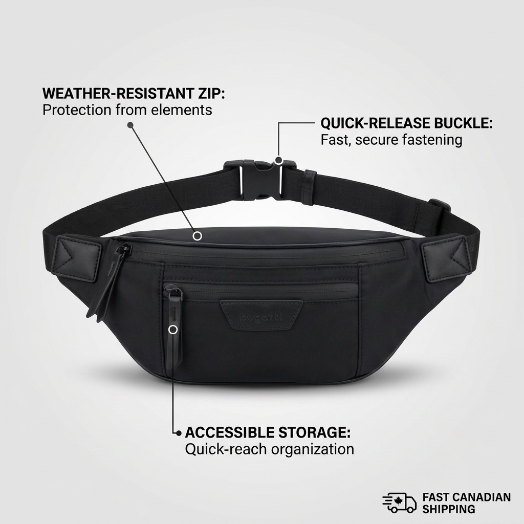 Bugatti Madison Money Belt features: weather-resistant zip, quick-release buckle, and accessible storage.