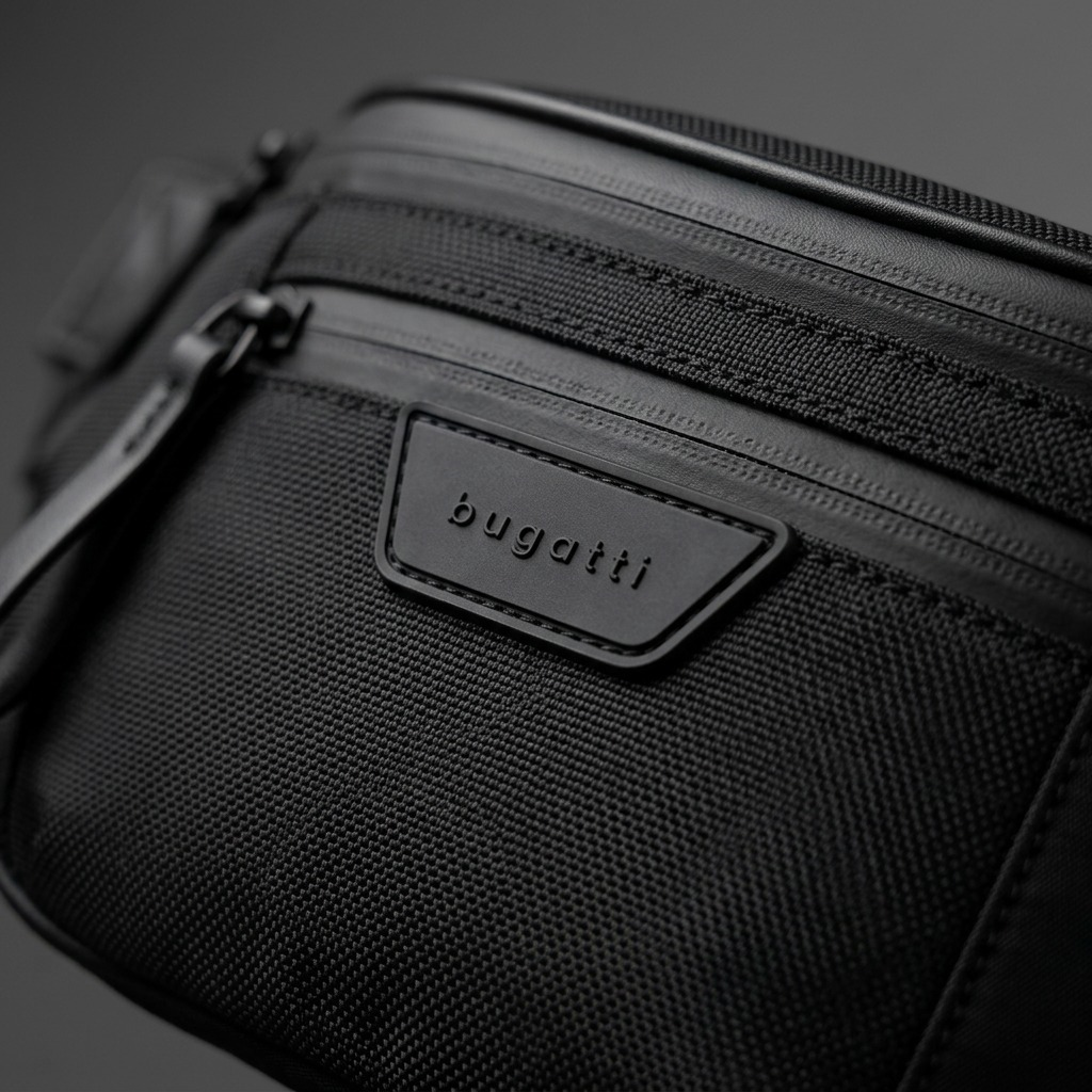 Macro detail of black Bugatti Madison Money Belt showing logo patch, durable nylon, and zippers.