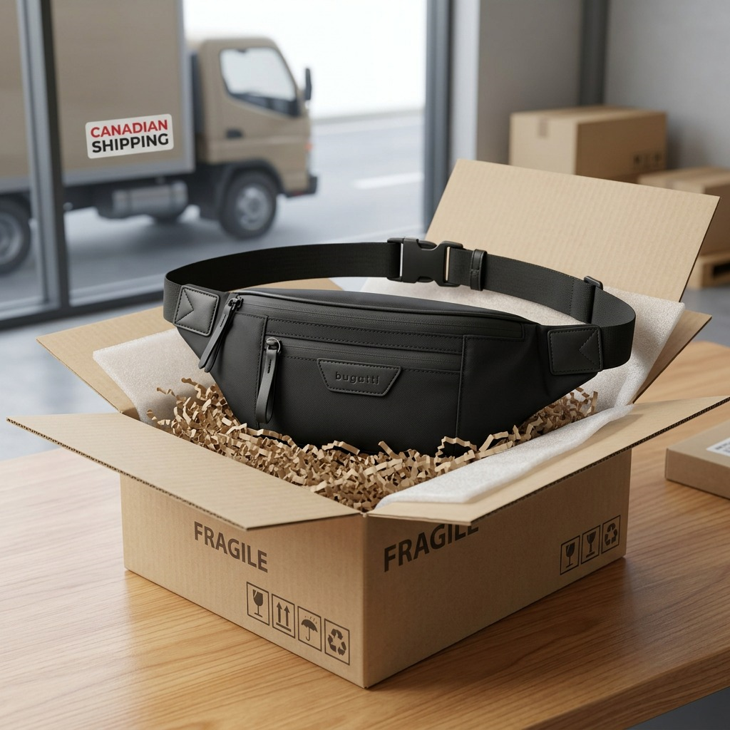 Bugatti Madison Money Belt in protected shipping box with Canadian delivery truck in background.