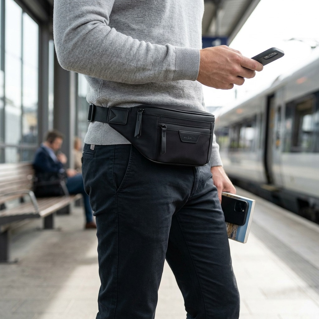A person at a train station wearing the slim black Bugatti Madison Money Belt with RFID protection.