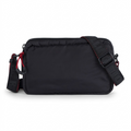 A high-resolution, centered view of the black Bugatti CBY6033RS crossbody bag, featuring a black branded strap with red details, on a pure white background.