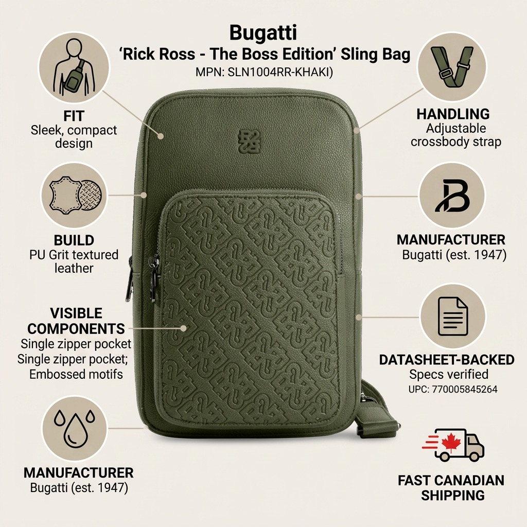 Confidence infographic for the Bugatti Rick Ross Sling, featuring icons and factual product cues.