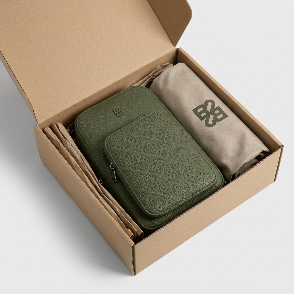 A photo of the Bugatti sling bag safely nestled with protective buffers inside a branded kraft shipping box, emphasizing a damage-free delivery.