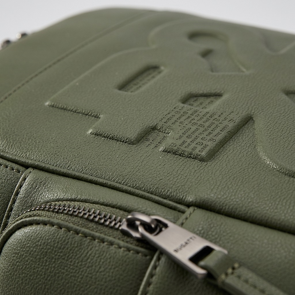 Detailed close-up of a green leather-like backpack texture with a large debossed 'R2' logo.