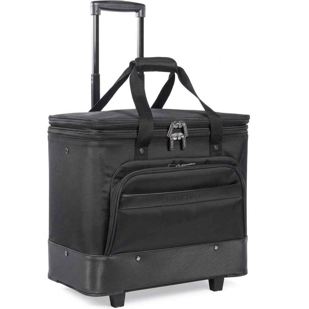 A high-resolution hero shot for Shopify, featuring the black Bugatti rolling cooler bag with handles extended against a pure white background.