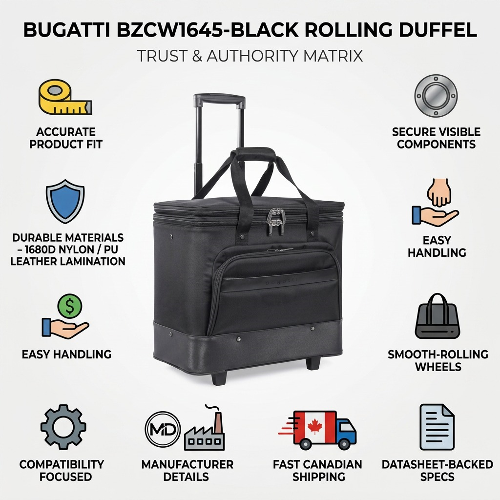 An infographic titled "BUGATTI BZCW1645-BLACK ROLLING DUFFEL TRUST & AUTHORITY MATRIX" featuring the black rolling duffel bag with various icons representing features like handling, wheels, shipping, and technical specifications.