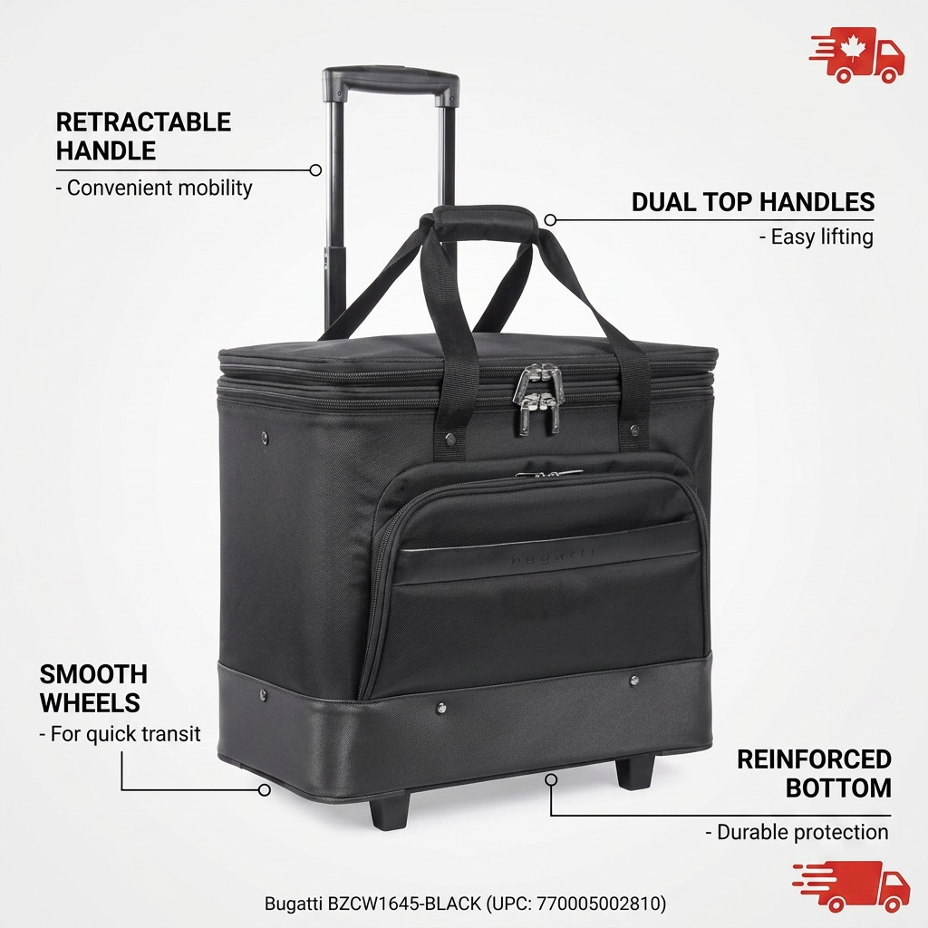 Visual product matrix image showcasing the key user features and benefits of the Bugatti rolling case.