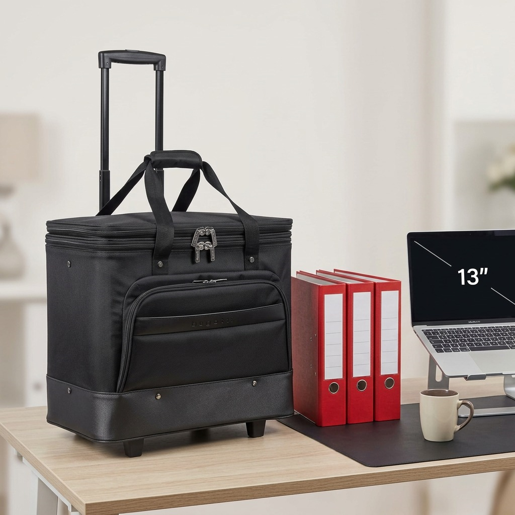 An image showing the Bugatti rolling duffel bag next to a 13-inch laptop and a stack of three standard business binders on a wood-grain desk, providing an instant scale reference. The bag's details, from its textile texture to its metal pulls and logo, are perfectly preserved from the canonical image.