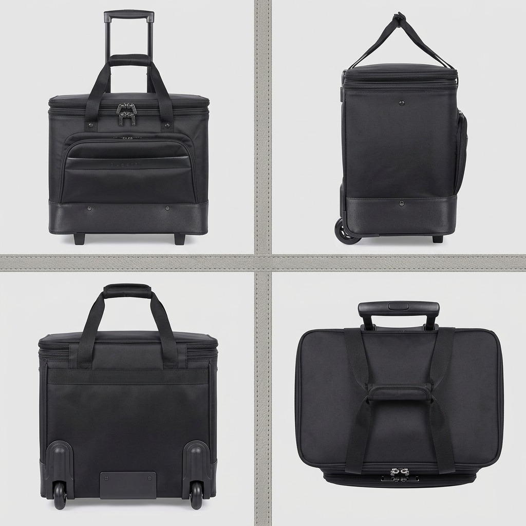 A grid showing four identical Bugatti rolling business cases from different angles: front, side, back, and top.