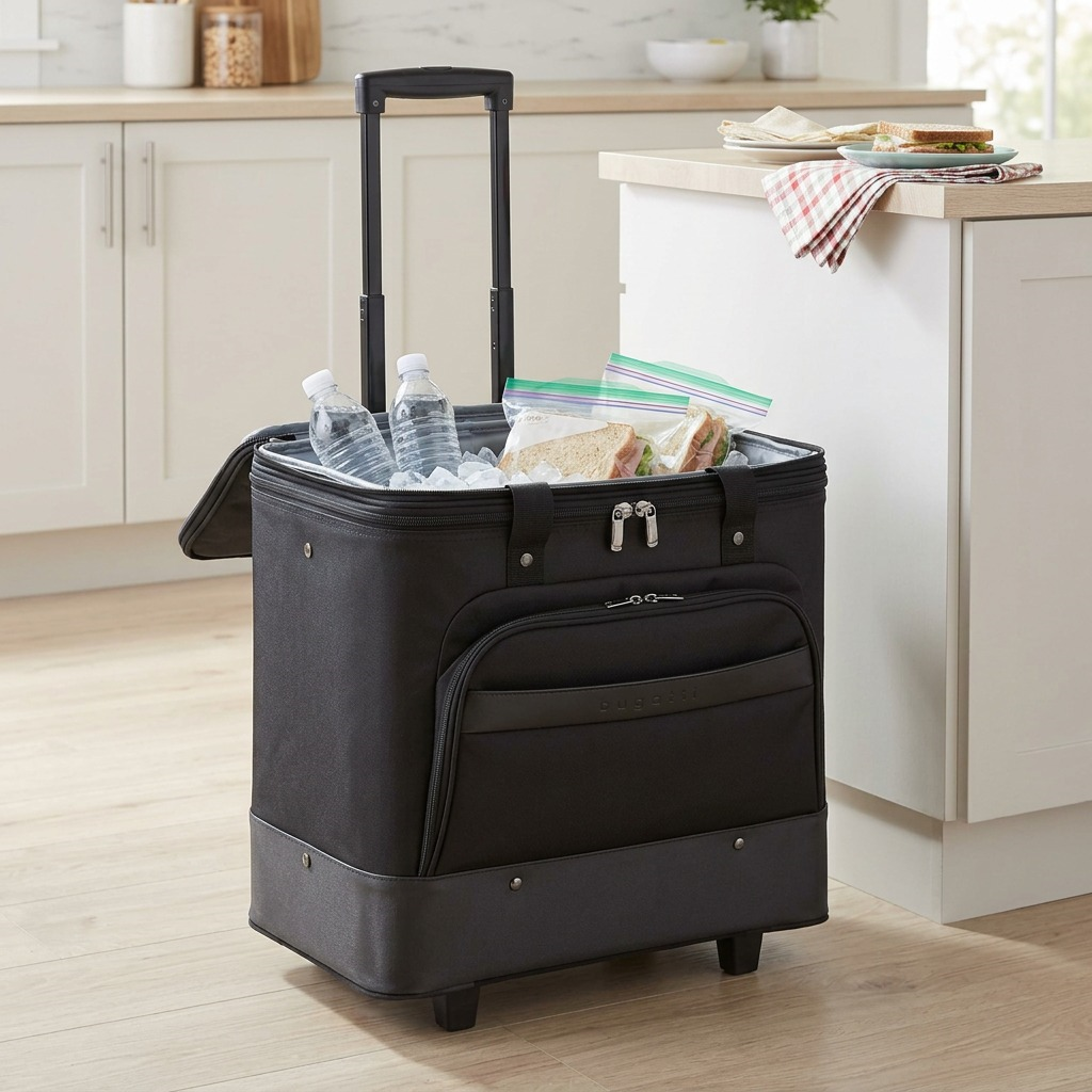 A lifestyle photo shows the detailed Bugatti rolling cooler loaded with snacks and drinks, resting indoors on a clean tiled floor.