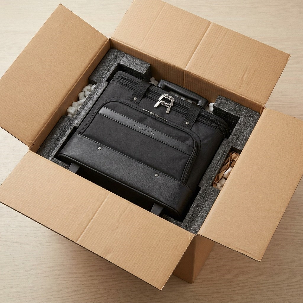 Alt text: Bugatti BZCW1645-BK rolling duffel bag partially unboxed in custom foam inserts.