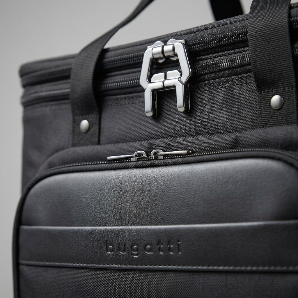 A detailed macro shot showcasing the metallic latch and crisp Bugatti debossing on the rolling case.