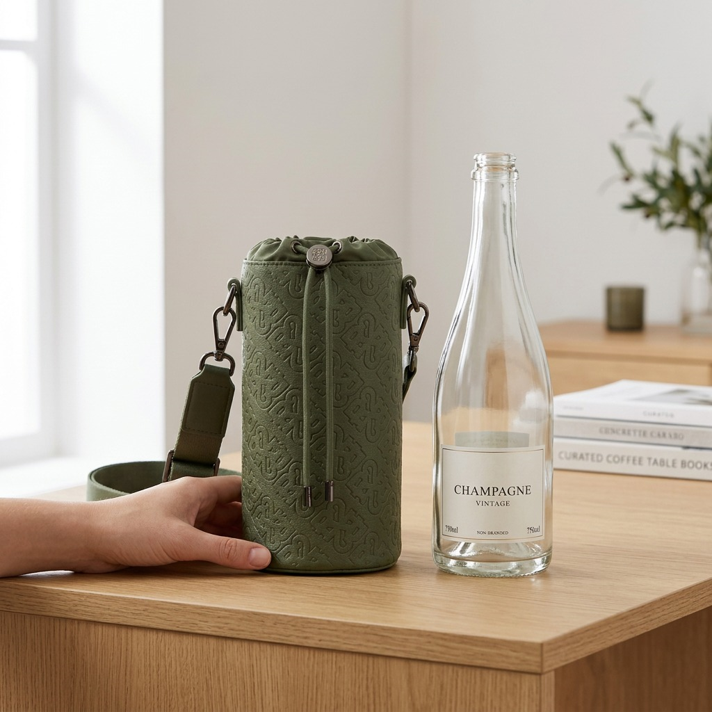 A lifestyle photo of the green Bugatti Rick Ross Champagne Bag, placed accurately beside a standard 750ml glass wine bottle to reference its compact, portable scale for carrying champagne. The clean, neutral ecommerce background is brand-aligned and features realistic lighting.