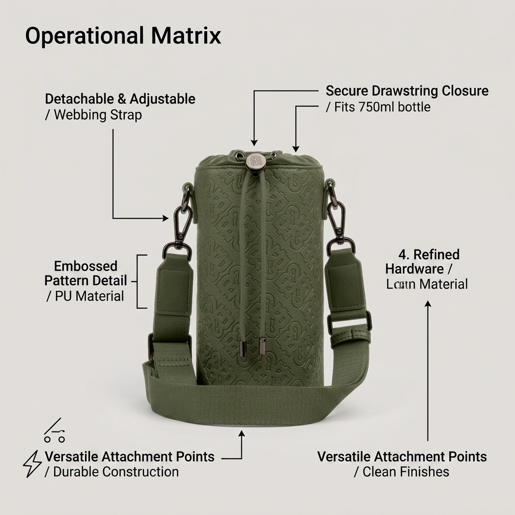 An ecommerce callout image highlighting key features and hardware of the Bugatti-Rick Ross olive green champagne bag.