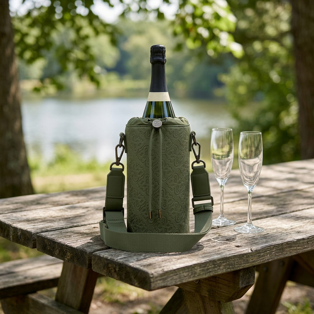 A lifestyle image showing the green champagne carrier on a stone table next to a bottle and glasses.