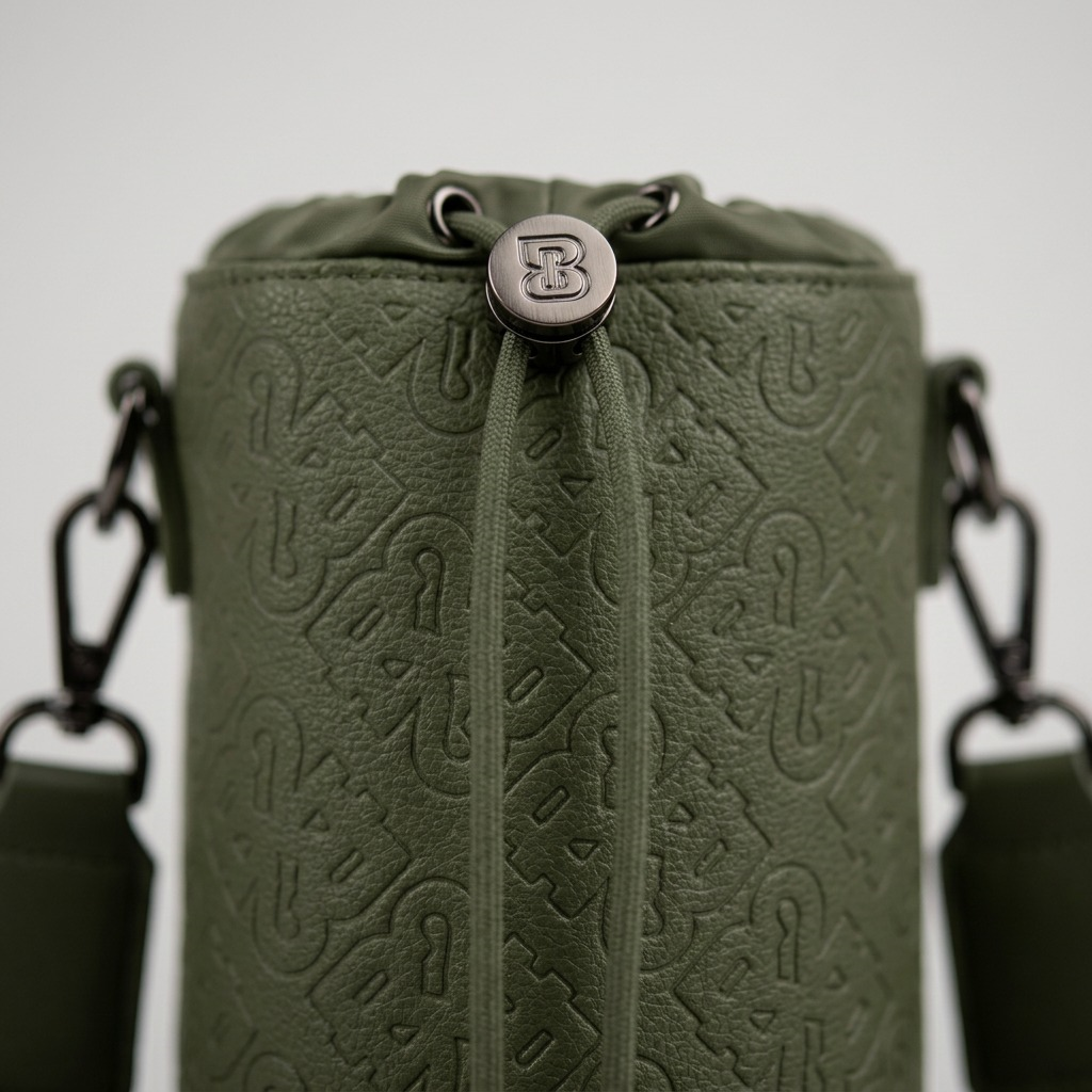 A macro photograph focusing on the textured leather, the branded logo toggle, and the metal strap clip.