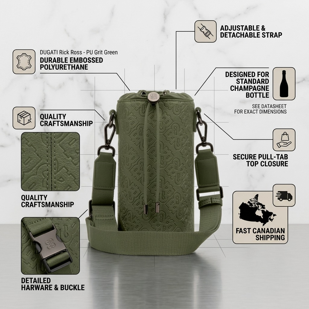 Trust infographic with an embossed green champagne bag, icons for materials, handling, compatibility, and fast shipping.