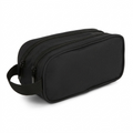 Black Bugatti Bond Street pencil case with double zippers and side carry handle on white background.
