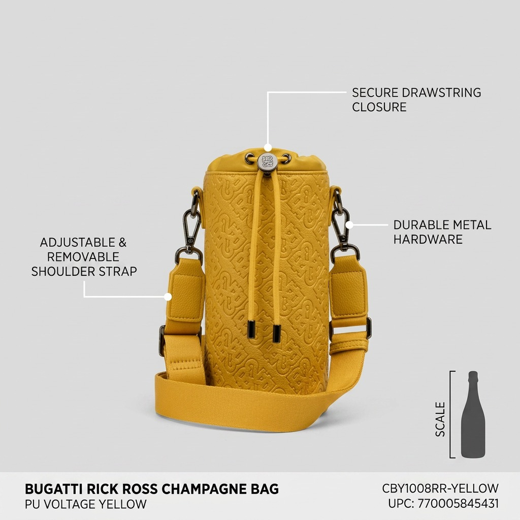 A graphical e-commerce image titled 'Bugatti Rick Ross Champagne Bag - Feature Graphic'. The central focus is the voltage yellow bag with prominent white callout lines and labels: 'SECURE DRAWSTRING CLOSURE', 'ADJUSTABLE & REMOVABLE SHOULDER STRAP', and 'DURABLE METAL HARDWARE'. A small bottle silhouette with a ruler indicates 'SCALE'. The bag preserves the embossed pattern and design from the reference image. The grey background is clean, with the MPN and UPC printed at the bottom.