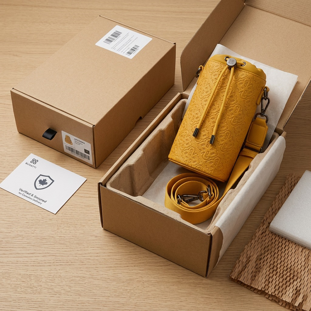 A premium unboxing display showing the Bugatti Champagne Bag protected within custom eco-friendly packaging.