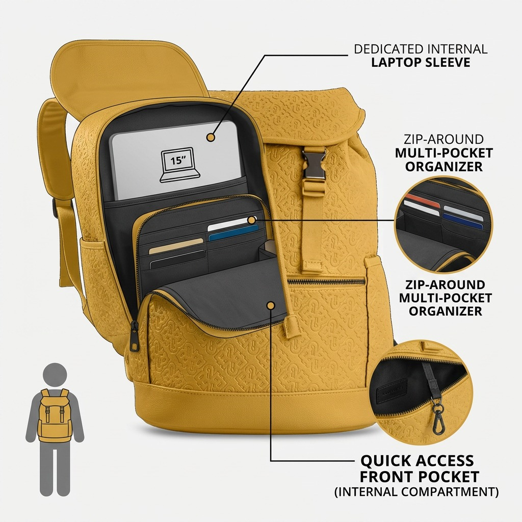 Operational feature callout graphic for the Bugatti Rick Ross yellow backpack showing internal storage.