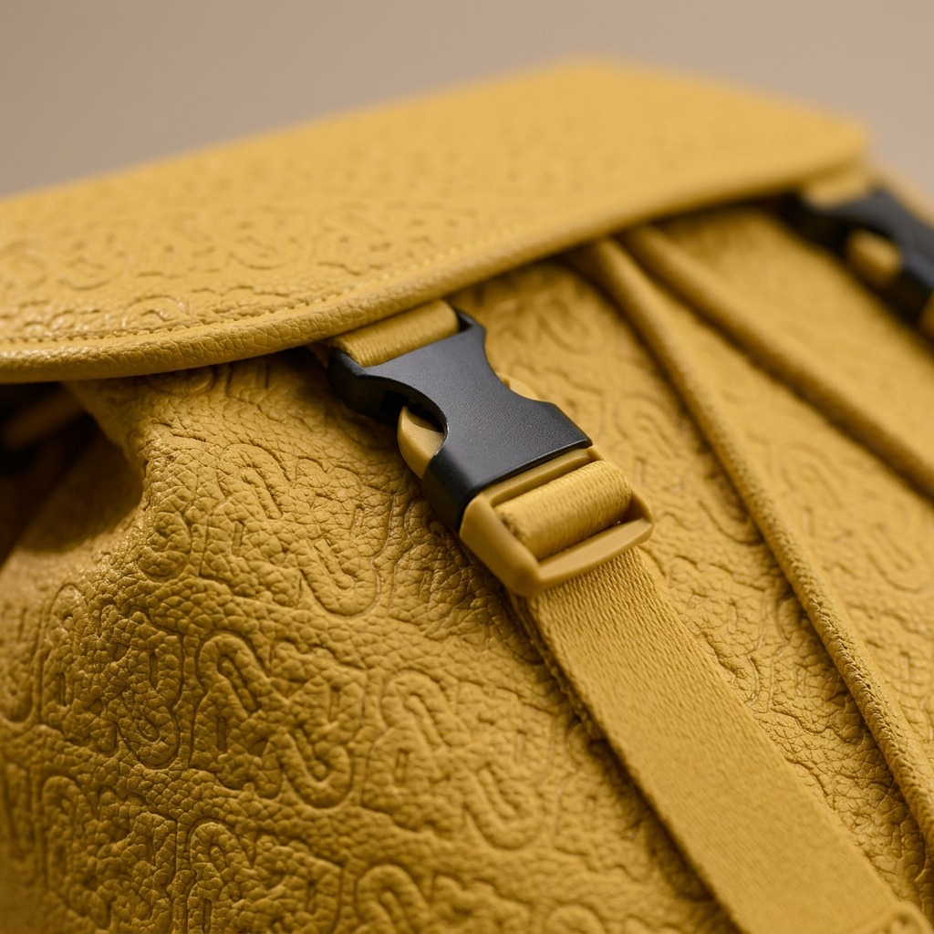Extreme close-up of the textured leather and embossed logos on a yellow luxury backpack.