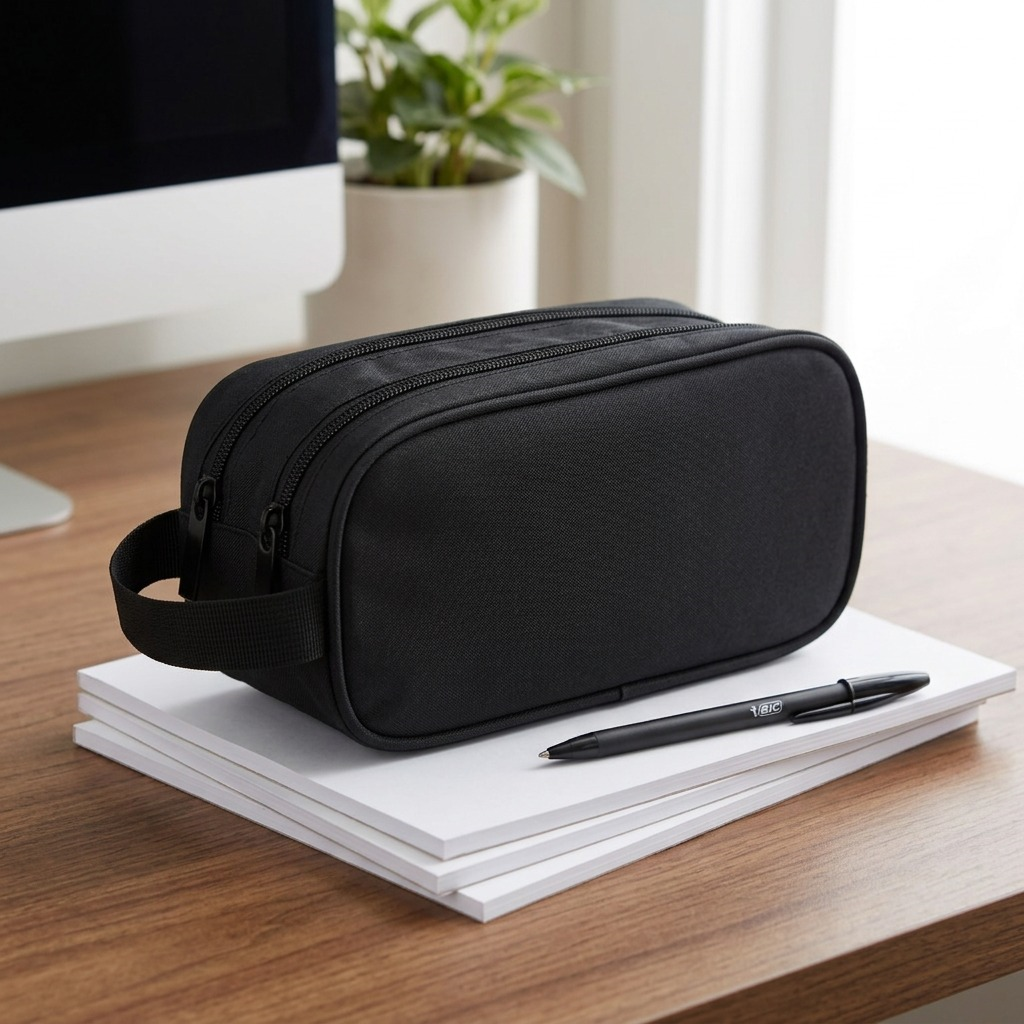 Black Bugatti Bond Street pencil case on a desk with a pen and notepad for scale reference.