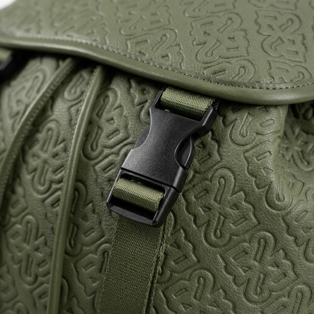 An extreme close-up photograph of the textured olive-green PU leather and metallic hardware on the Bugatti Rick Ross edition backpack flap.