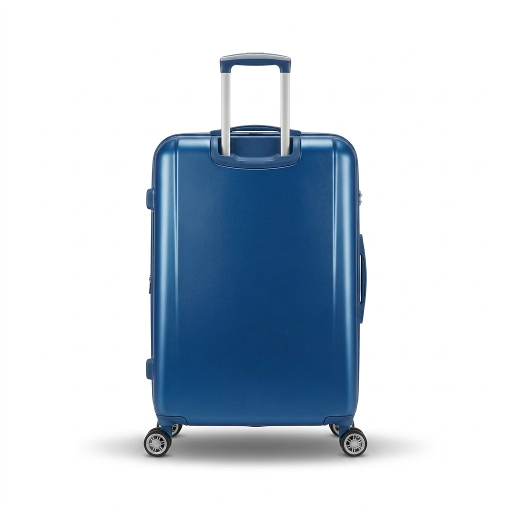 High-resolution hero shot of the Bugatti blue 28" spinner suitcase, handle extended, on white.