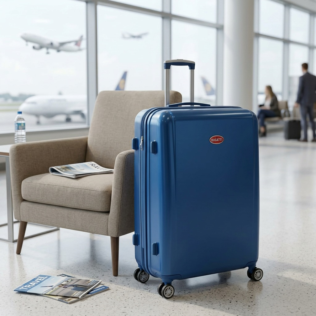 A blue Bugatti 28" spinner luggage stands ready in a modern airport terminal lounge, near natural light.